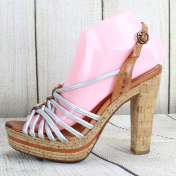 Frye Lena White Leather Strappy Sling Back Cork Platform Heeled Sandals 7 M - Picture 2 of 9